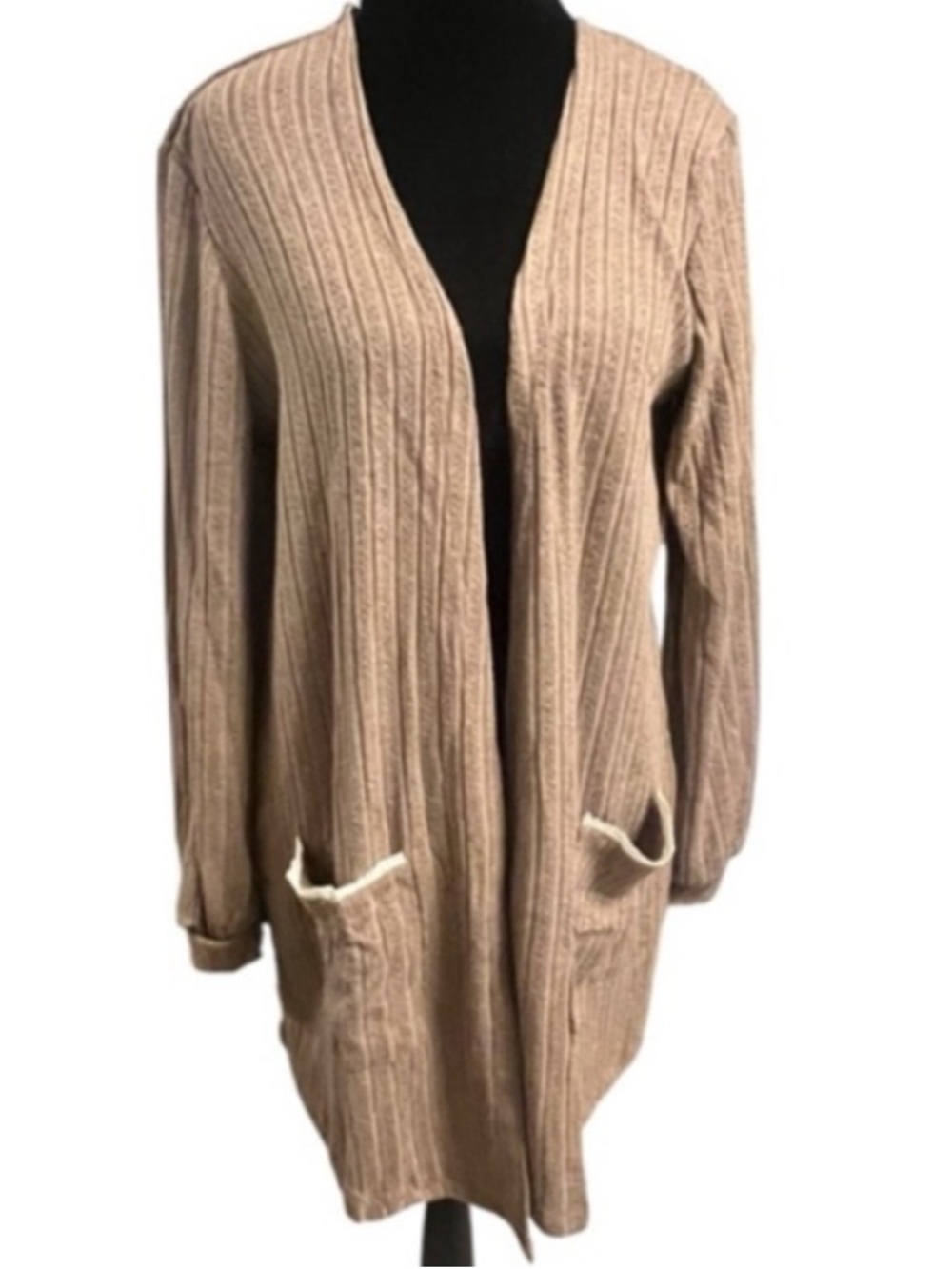 Blu Pepper Ribbed Cardigan Sweater L Brown with Off White Trim